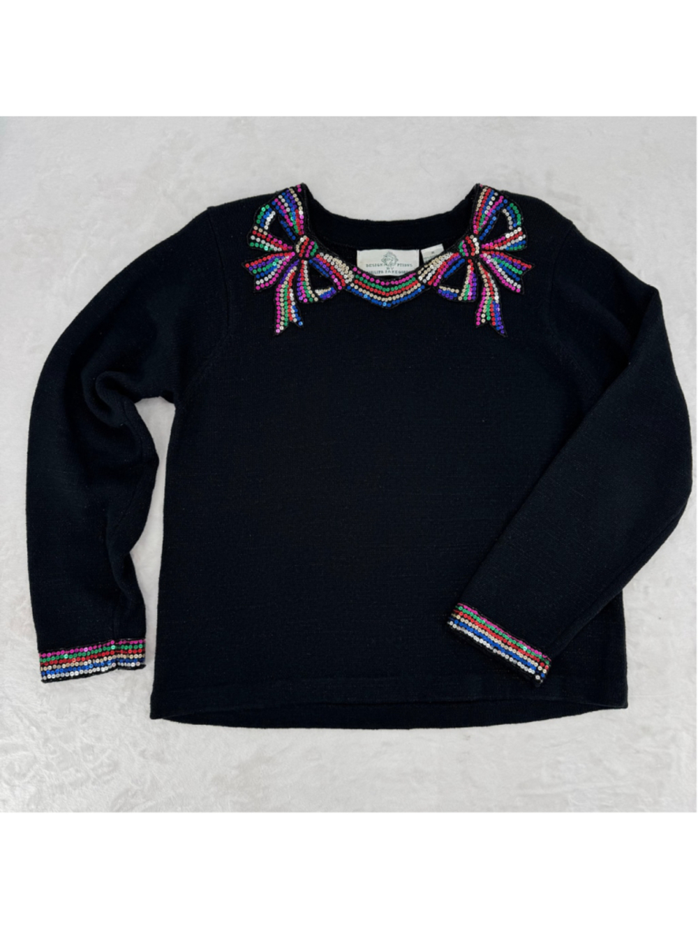 Vintage 90s Sequined Bows Sweater Black Metallic Holiday Party Design Options M